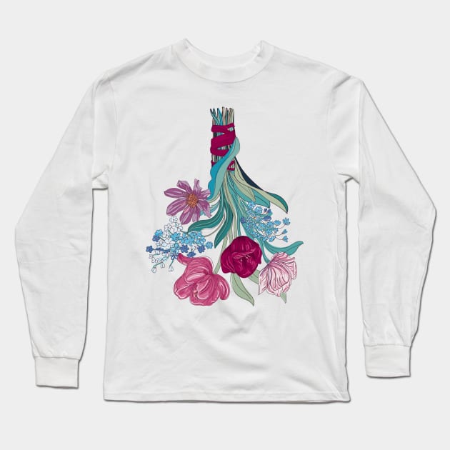 Spring flowers bouquet in cobalt and carmine, muted tones Long Sleeve T-Shirt by IngaDesign